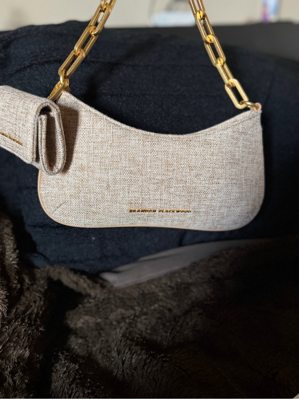 Brandon Blackwood Natural Beige Shoulder Baguette with Gold Chain